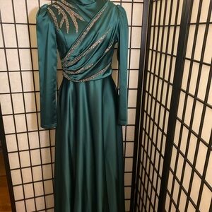 Blue Asymmetrical Ruched Gown with Bishop Sleeves